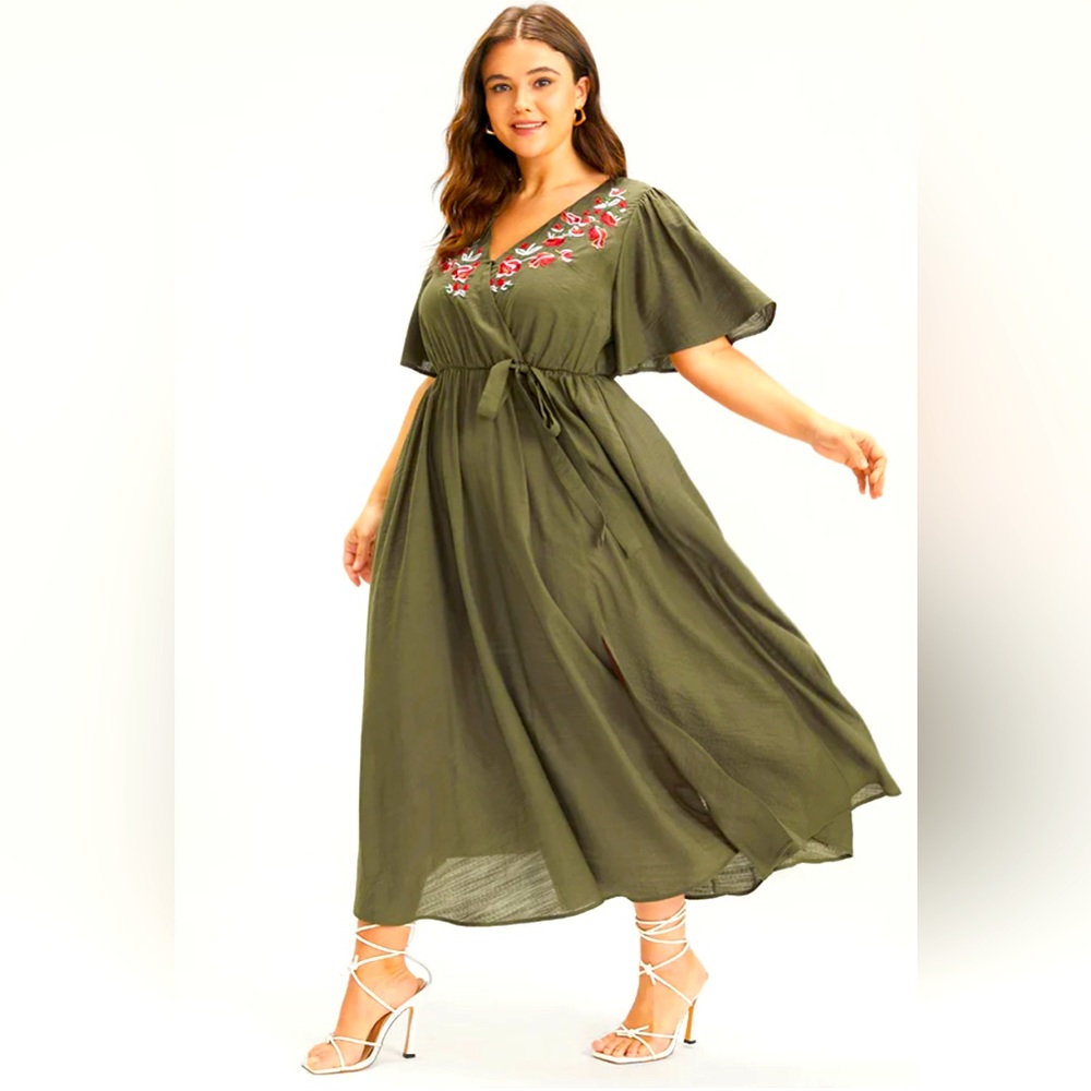 Shein Green Embroidered Midi Wrap Dress
